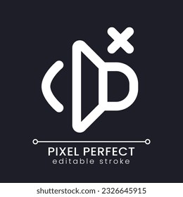 Volumen de píxel perfecto icono de ui lineal blanco para el tema oscuro. Silenciar el audio en video. Eliminar el sonido. Modo de música. Pictograma de la línea del vector. Símbolo de interfaz de usuario aislado para el modo nocturno. Trazo editable