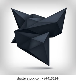Volume origami geometric shape, 3d levitation black crystal, creative low polygons dark object, vector design form