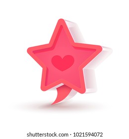 Volume pink star .  Pink star with small heart inside on the white background.