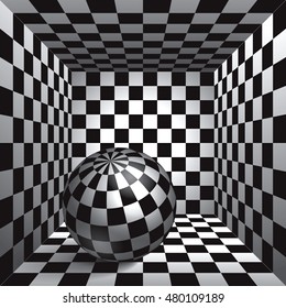 Volume plaid sphere. The inside plaid room. Black and white cell box with a ball inside. 3d chess board, vector design background and object 