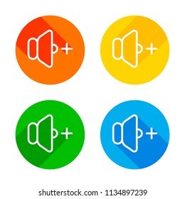 volume plus icon. Flat white icon on colored circles background. Four different long shadows in each corners