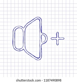 volume plus icon. Hand drawn picture on paper sheet. Blue ink, outline sketch style. Doodle on checkered background