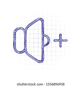volume plus icon. Hand drawn sketched picture with scribble fill. Blue ink. Doodle on white background