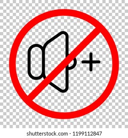 volume plus icon. Not allowed, black object in red warning sign with transparent background