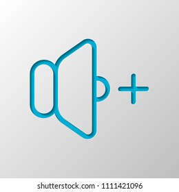 volume plus icon. Paper design. Cutted symbol with shadow