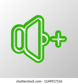 volume plus icon. Paper style. Cut symbol with green bold contour on shape and simple shadow