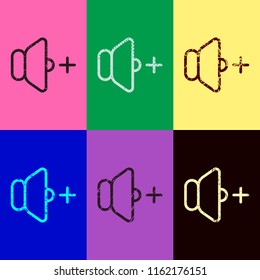 volume plus icon. Pop art style. Scratched icons on 6 colour backgrounds. 