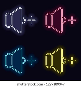 volume plus icon. Set of neon sign. Casino style on dark background. 