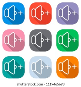 volume plus icon. Set of white icons on colored squares for applications. Seamless and pattern for poster