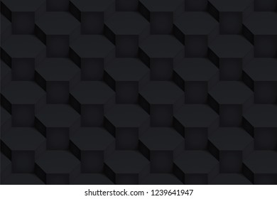 Volume realistic black vector hexagon texture, dark geometric seamless pattern, design background for you projects 