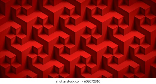 Volume realistic unreal texture, red cubes, 3d geometric pattern, vector design background