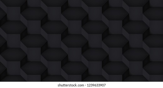 Volume realistic vector cubes texture, dark geometric seamless pattern, design black illusion background for you projects 
