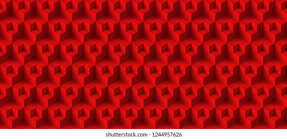 Volume realistic vector cubes texture, red geometric seamless tiles pattern, design  background for you projects 