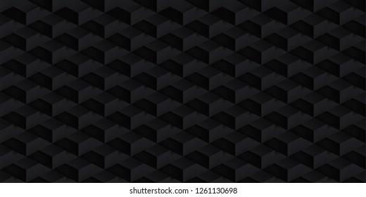 Volume realistic vector cubes texture, dark geometric seamless tiles pattern, design black background for you projects 