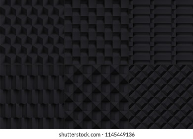 Volume realistic vector cubes textures set, black geometric pattern, design dark backgrounds for you projects 