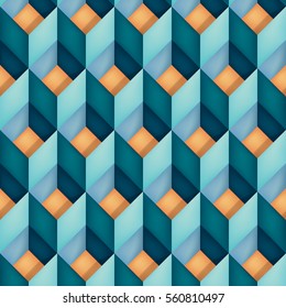 Volume realistic vector texture, diamonds, geometric pattern, turquoise cubes with orange bottom