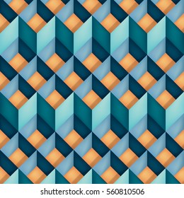 Volume realistic vector texture, diamonds, geometric pattern, turquoise cubes with orange bottom