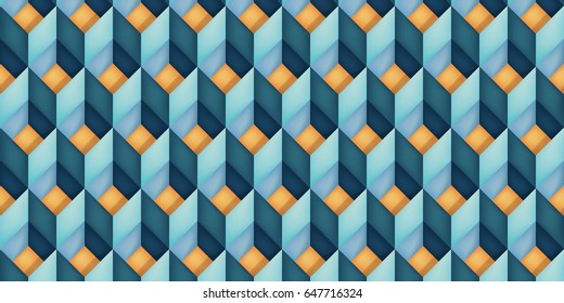 Volume realistic vector texture, diamonds, geometric pattern, turquoise cubes with orange bottom