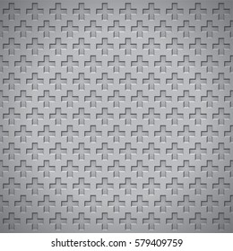 Textura de vetor realista de volume, buracos na forma de cruzes, padrão geométrico cinza, papel de parede de design