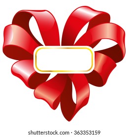 Volume red heart of interwoven silk ribbons, a symbol of love and Valentine's Day, vector Isolated object without background with a gold frame and blank space for text