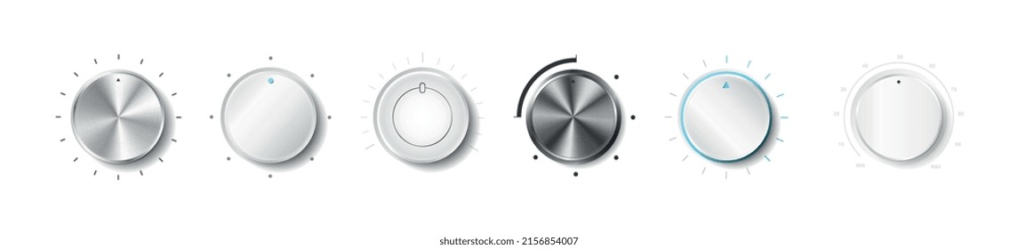 Volume regulator realistic set. Graphic elements for applications and programs, modern technologies, interface. Collection of buttons. Realistic 3D vector illustrations isolated on white backdrop