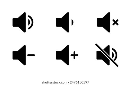 Volume ring, mute, silent, volume increase and volume decrease icon set in black color. Sound icons set with different signal levels on white background. Sound icon, volume symbol, speaker sign