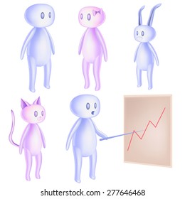 Volume set of funny little men and animalization cat and a rabbit. Vector illustration