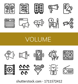 volume simple icons set. Contains such icons as Sound system, Amplifier, Slider, Loudspeaker, Speaker, Megaphone, Earphone, Video player, can be used for web, mobile and logo