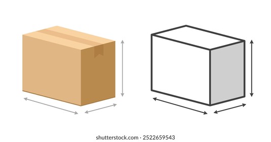 Tamaño de volumen icono de caja Vector 3d gráfico, cartón paquete postal dimensión estándar info signo símbolo, correo carga ancho ancho de carga altura flechas medida metro Imagen Clip arte   