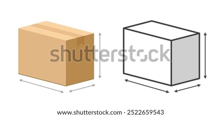Volume size box icon vector 3d graphic, carton postal parcel dimension standard info sign symbol, mail cargo freight width height depth arrows measure meter image clip art   