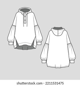 Volume Sleeve front slit Hoodie sweatshirt button panel drawstring high low dip hem lantern autumn winter cad flat sketch technical drawing template