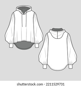 Volume Sleeve Gathering Hoodie Balloon lantern sleeve cuffs high low dip hem Fashion  technical drawing flat sketch design vector template