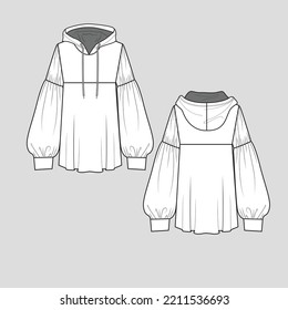 Volume Sleeve Gathering Hoodie Drawstring Lantern Sleeve Fashion  Technical Drawing   Flat Sketch Design Vector Template