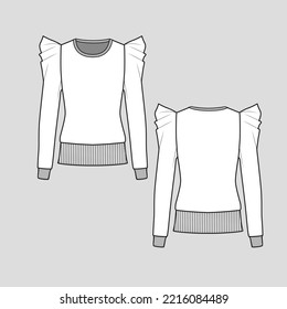 Volume Sleeve Sweatshirt Top Crew neck Fancy puff pleat Long Sleeve Ribbed hem and cuffs Fashion cad template flat sketch drawing