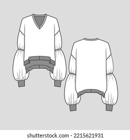 Volume Sleeve Sweatshirt top V Neck Drop Shoulder Gathering Lantern Long Sleeve high low dip ribbed hem Fashion cad Flat Sketch Drawing Template