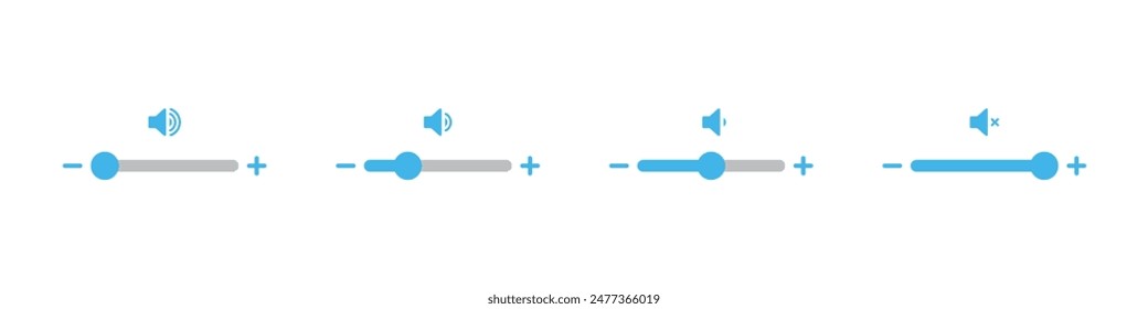 Conjunto de iconos de control deslizante de volumen para Elementos de interfaz de usuario de smartphone en color azul. Cambiar el icono del control deslizante en estilo plano. Ilustración vectorial de control de volumen en fondo aislado. Señal de Botón de nivel negocio con