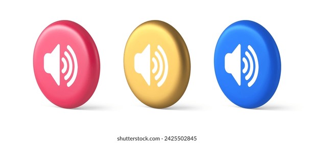 Volume sound button speaker acoustic level noise wave control 3d realistic blue gold and pink icons. Stereo broadcasting loudspeaker player megaphone technology digital web application