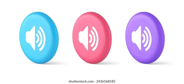 Volume sound button speaker acoustic level noise wave control 3d realistic blue pink and purple icons. Stereo broadcasting loudspeaker player megaphone technology digital web application