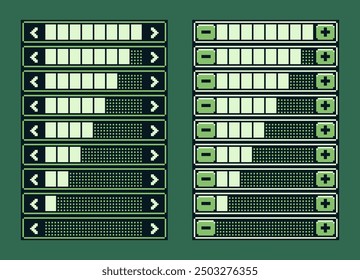 Lautstärkeregler, Interface, Pixel Art Design Retro 80s Konsolenspiel-App, flacher Stil, Old School Computer Grafikdesign, 8-Bit-Sprite, Videospiel-Objekte, Vektorgrafik.