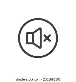 Volume speaker icon with circle and white background. Mute speaker or volume off icon.