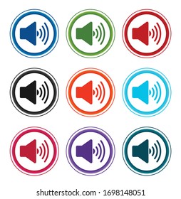 Icono de altavoz de volumen botones redondos planos conjunto ilustración de diseño aislado en fondo blanco