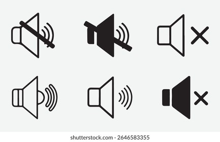 Volume and Speaker Icon Set of Mute, Unmute, and Audio Sound Symbols in Line and Silhouette Vector Style on White Background