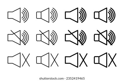 Lautstärke- oder Lautsprecherset-Symbol, Zeilendesign auf weißem Hintergrund. Vektor für mobile App, Web.