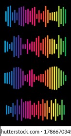 Volume spectrum collection. Multicolored audio range effect. Rainbow music signal diagram. Vivid colors equalizer charts. Sound waves abstract graph. Trendy frequency beats graphic icon set.