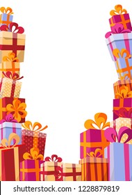 Volume style background flat illustration - mountain of gifts in bright boxes with ribbons and various textures frames from three sides empty space in center for your text. Gifts around ad. Shopping