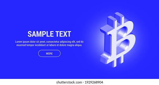 Volume symbol of the cryptocurrency bitcoin, a view from the side, on a blue background with a large title, description text and button. 3d illustration