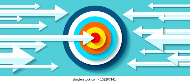 Volume Target icon in flat style on color background. White Arrows in the center aim. Vector design element for you business projects