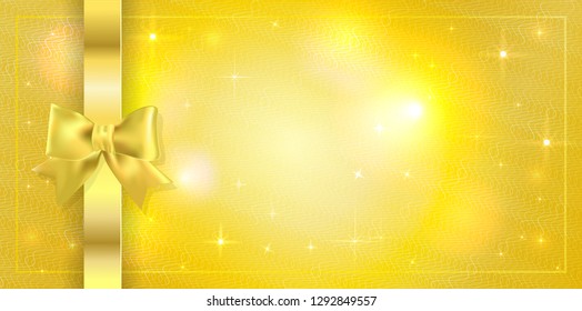 Volume template of Golden ticket, Gift Certificate, Gift Voucher. Holiday reward card design with sparkles stars on golden background tied with ribbon with gold bow. Vector Concept for Coupon, event