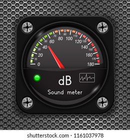 Volume Unit Meter. Decibel Gauge. Sound Audio Equipment On Metal Perforated Background. Vector 3d Illustration