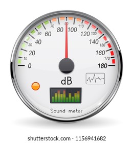 Volume unit meter. Sound audio equipment. Normal level. White glass gauge with chrome frame. Vector 3d illustration isolated on white background